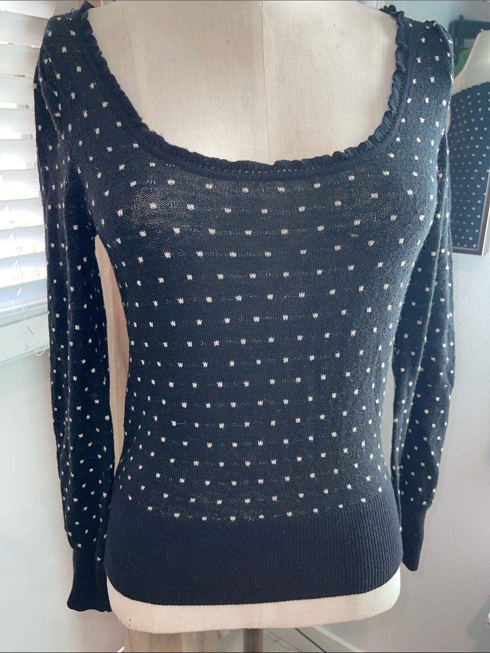 Super Cute Free People Black Scoop Neck Polka Dot Sweater